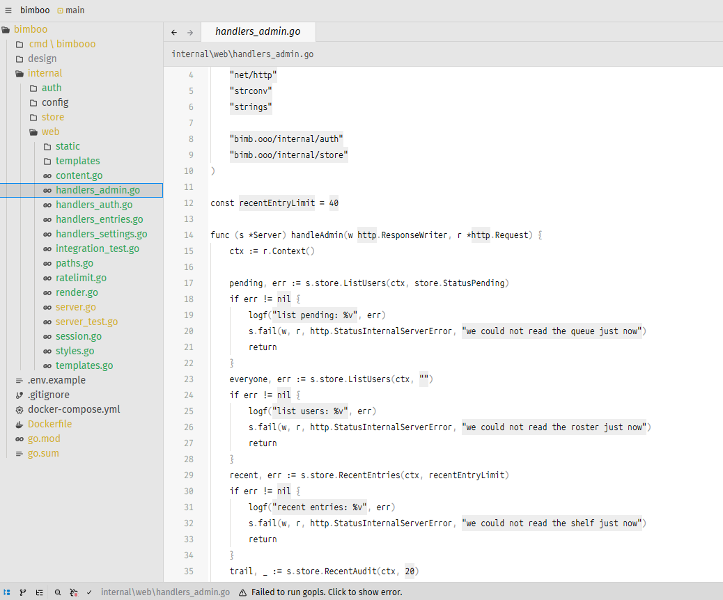 Screenshot of the Gram code editor with the bimboo project open, showing a Go file named handlers_admin.go beside the project’s file tree.