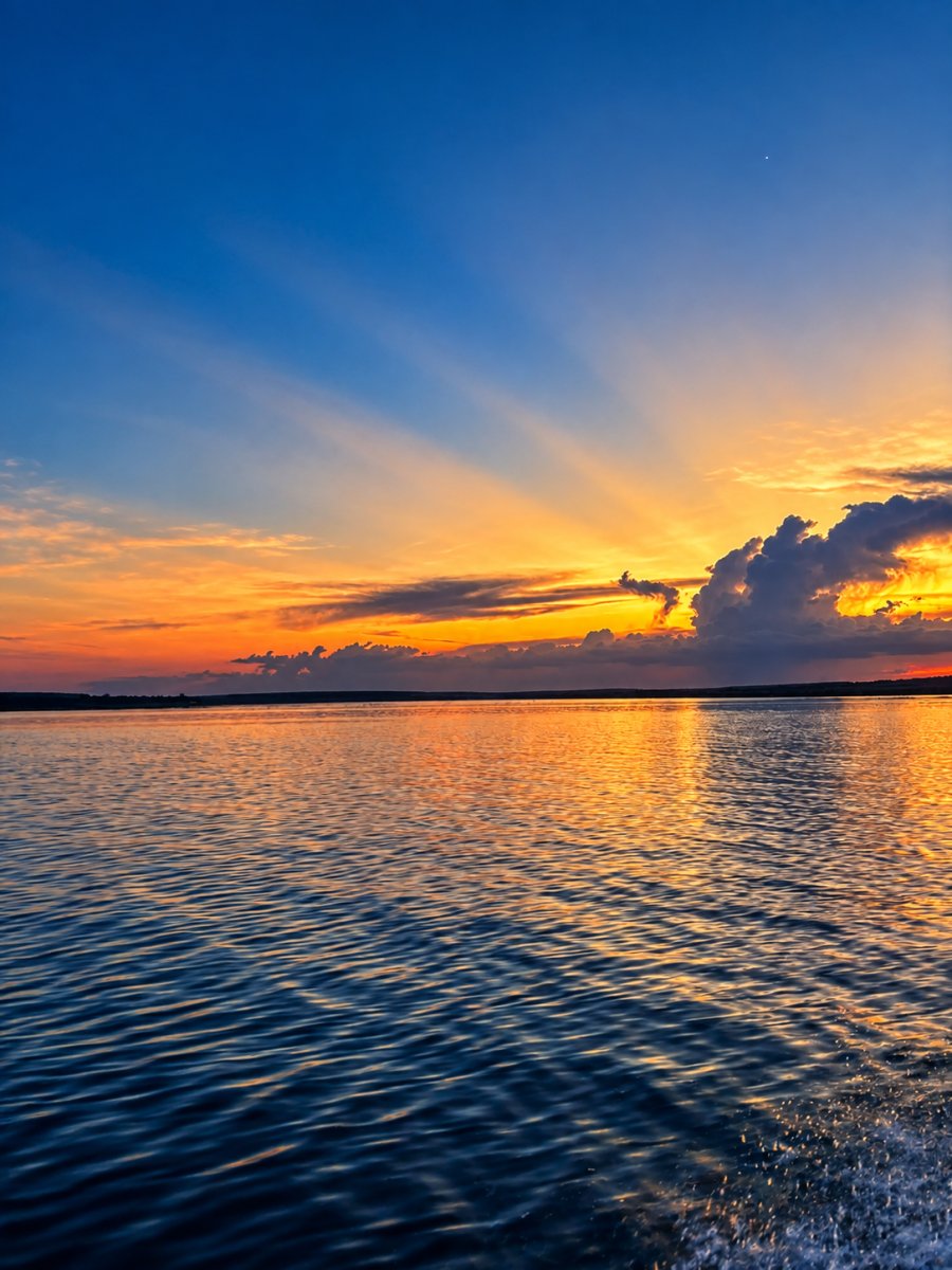 A vivid sunset over the Três Marias Reservoir, with golden light spilling across the rippled water beneath a deep blue sky and dramatic clouds.