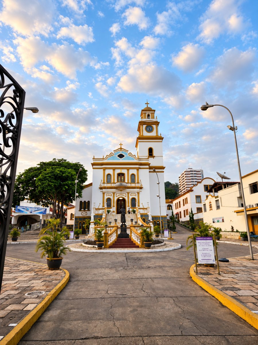 The Basilica of São Lourenço Mártir in Minas Gerais, Brazil. A beautiful white and gold church with Neo-Colonial architecture, a clock tower, and an ornate façade beneath a blue sky filled with soft morning clouds.
