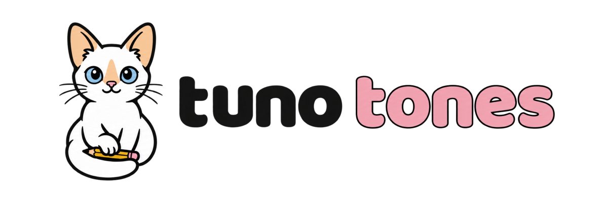 Cute white cat mascot with big blue eyes holding a yellow pencil, beside the “tuno tones” wordmark in bold black and pink lettering.