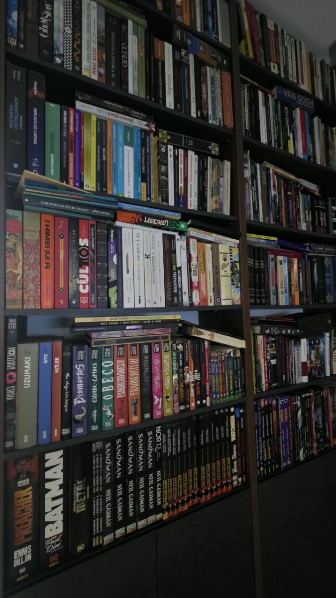 A floor-to-ceiling wall of dark wooden bookshelves packed with books, graphic novels, comics, and art volumes. The shelves are densely filled, with some books stacked horizontally on top of others, creating a cozy, slightly chaotic personal library.