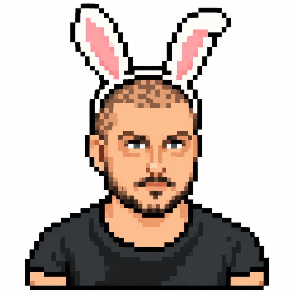 Pixel-art man wearing oversized bunny ears, staring intensely like he’s about to deliver either an Easter egg or a strongly worded complaint.