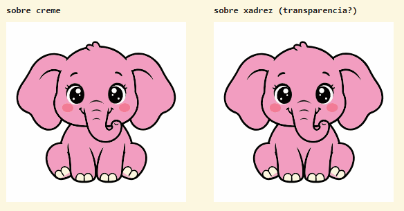 Side-by-side comparison of the same cute pink cartoon elephant on a cream background and a transparent background.
