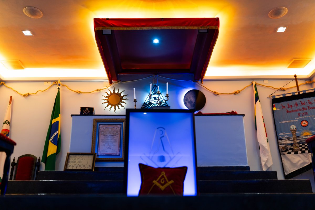 The East of the lodge I attend, decorated with Masonic regalia and symbols!